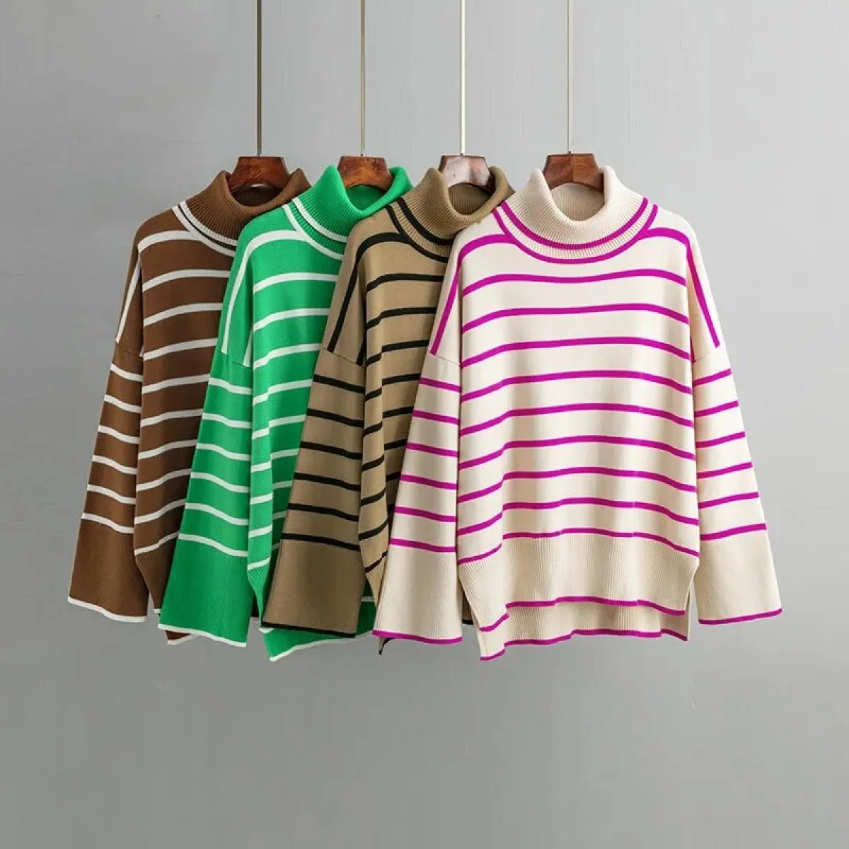 2023 maglione lavorato a maglia autunno inverno pullover maglione dolcevita a righe colorate maglione casual sciolto da donna