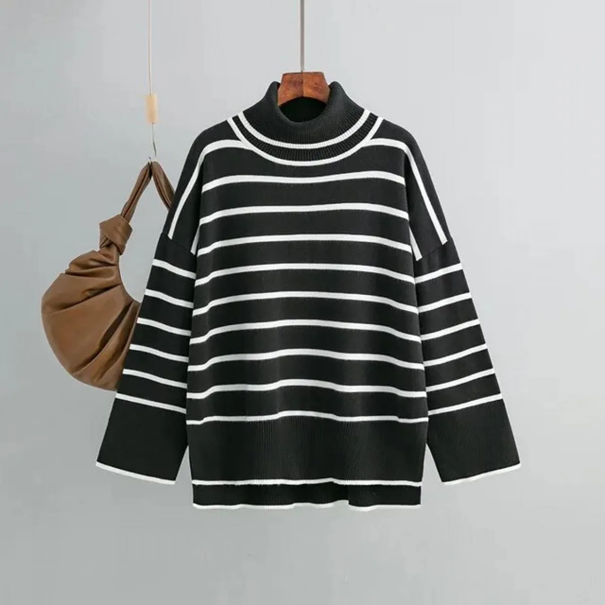 2023 maglione lavorato a maglia autunno inverno pullover maglione dolcevita a righe colorate maglione casual sciolto da donna
