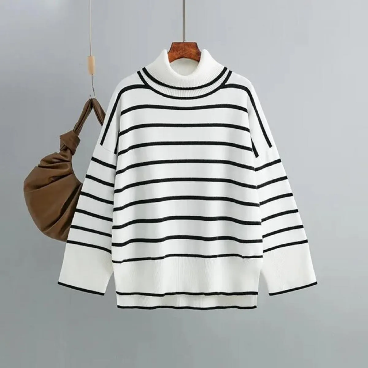 2023 maglione lavorato a maglia autunno inverno pullover maglione dolcevita a righe colorate maglione casual sciolto da donna