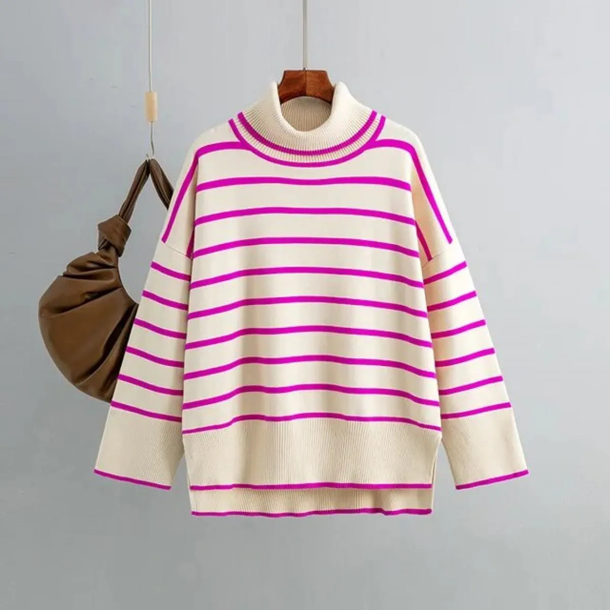 2023 maglione lavorato a maglia autunno inverno pullover maglione dolcevita a righe colorate maglione casual sciolto da donna