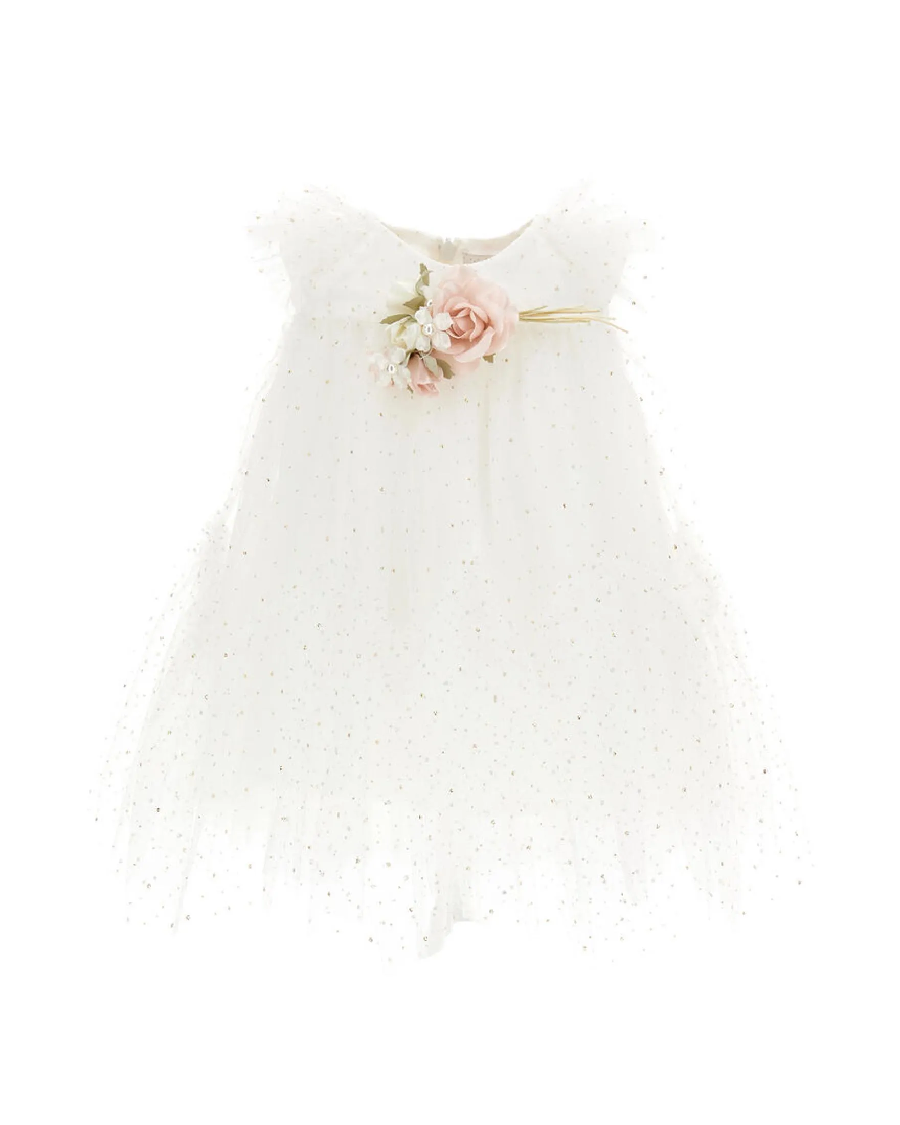 Abito bianco in tulle con paillettes dorate all over e applicazione floreale 18-24 mesi