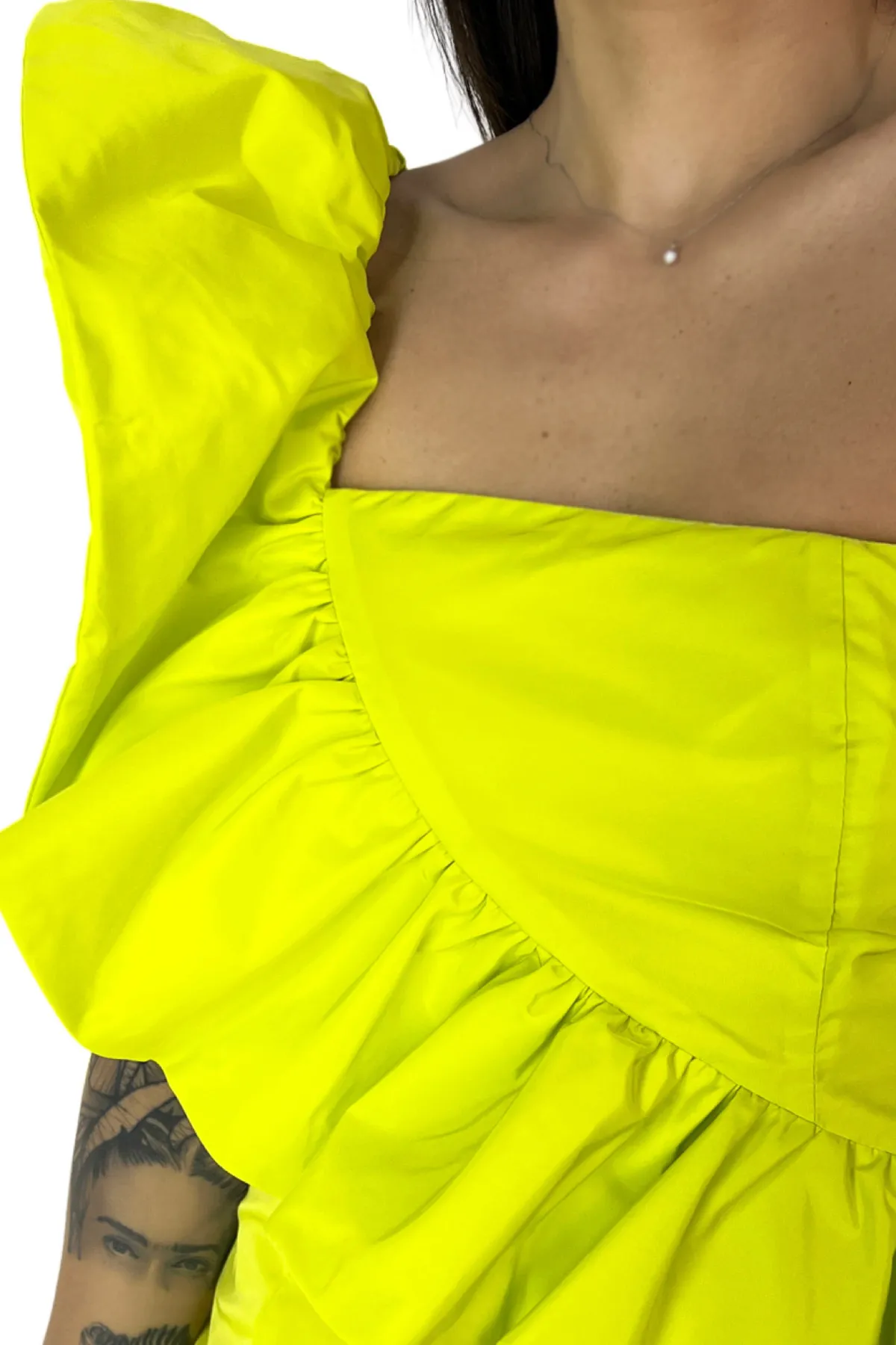 Abito donna corto monospalla con rouches asimmetrico con balze chiusura zip a lato