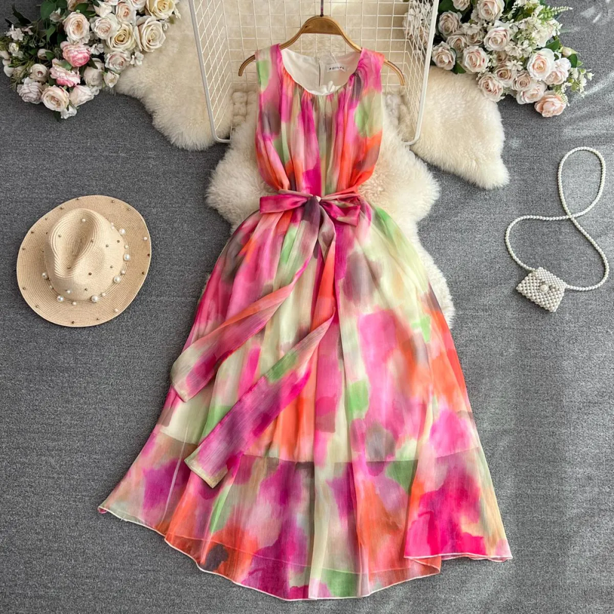 Abito estivo elegante da spiaggia per le donne Tie Dye Tank Sleeve Lace Up Midi Abiti da vacanza femminili Boho O Neck Tulle Tra
