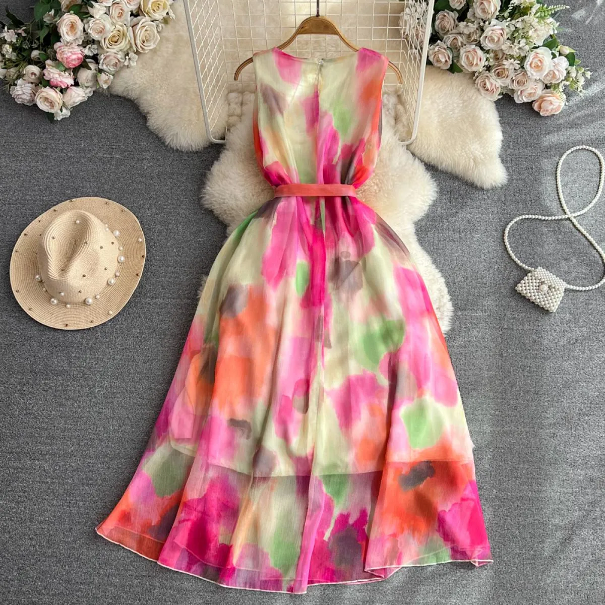 Abito estivo elegante da spiaggia per le donne Tie Dye Tank Sleeve Lace Up Midi Abiti da vacanza femminili Boho O Neck Tulle Tra