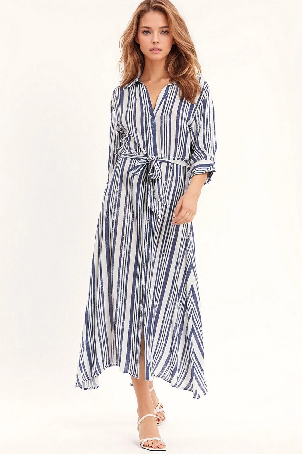Abito Maxi a righe con maniche a 3/4 e cintura in blu e bianco