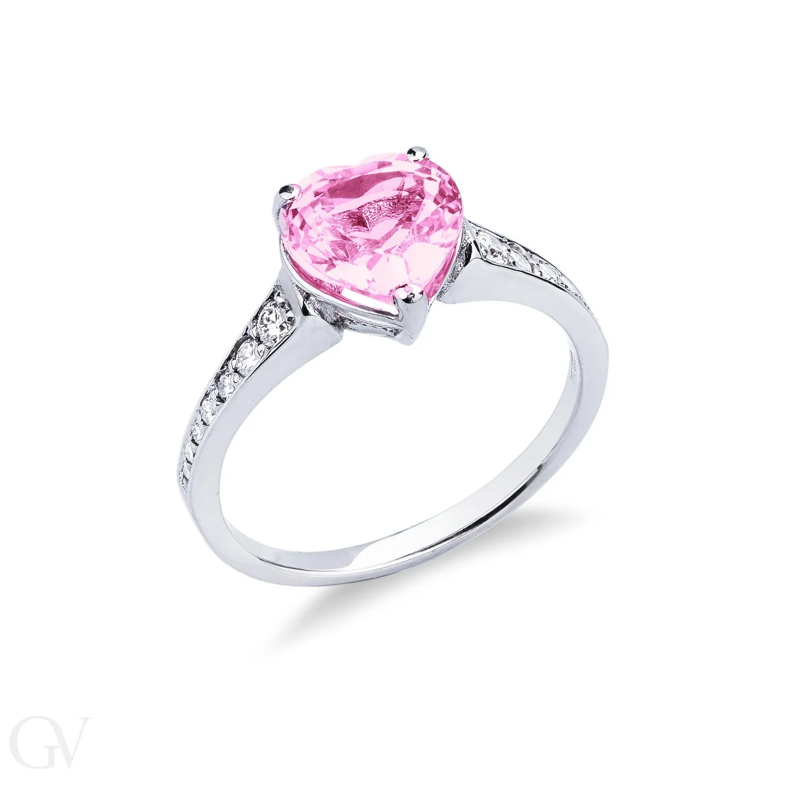 Anello in oro bianco 18k con zaffiro rosa a cuore e diamanti ai  lati