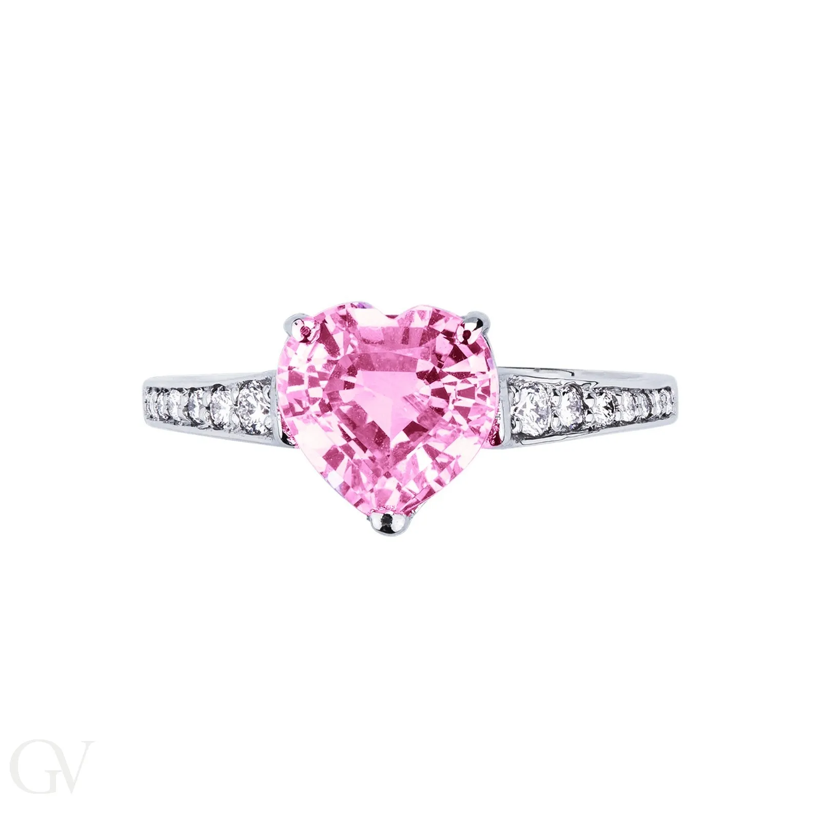 Anello in oro bianco 18k con zaffiro rosa a cuore e diamanti ai  lati
