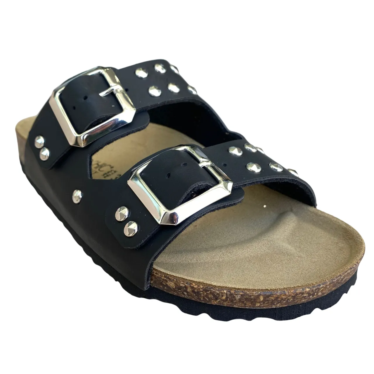 Biochic women's sandal with 2 bands with studs and adjustable buckles Bipel BC4003B black