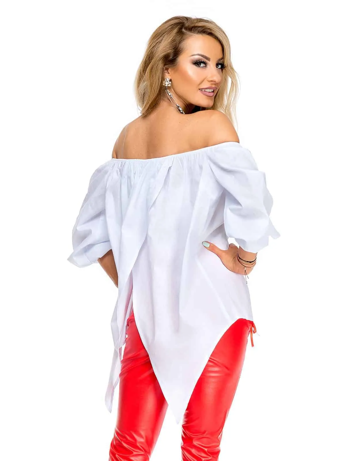 Blusa aderente in tessuto tipo cotone a righe bianco arancio