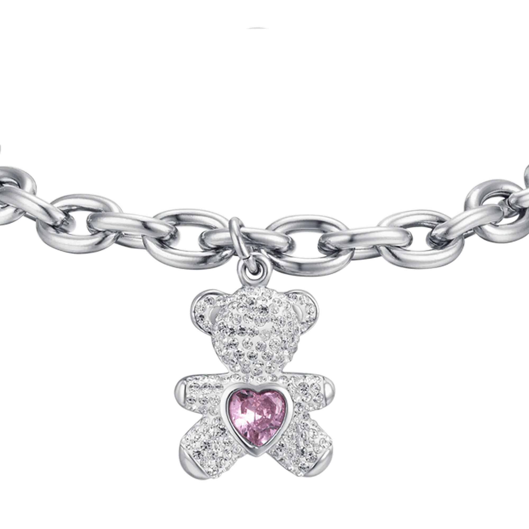 BRACCIALE DONNA IN ACCIAIO CON ORSETTO CON CRISTALLI ROSA E BIANCHI