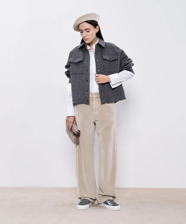 Brunello Cucinelli Pantaloni in velluto beige con catena monil MB105P5951