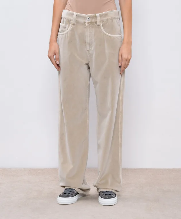 Brunello Cucinelli Pantaloni in velluto beige con catena monil MB105P5951
