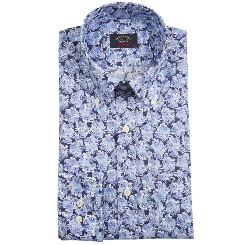 Camicia in cotone azzurra con fiori 