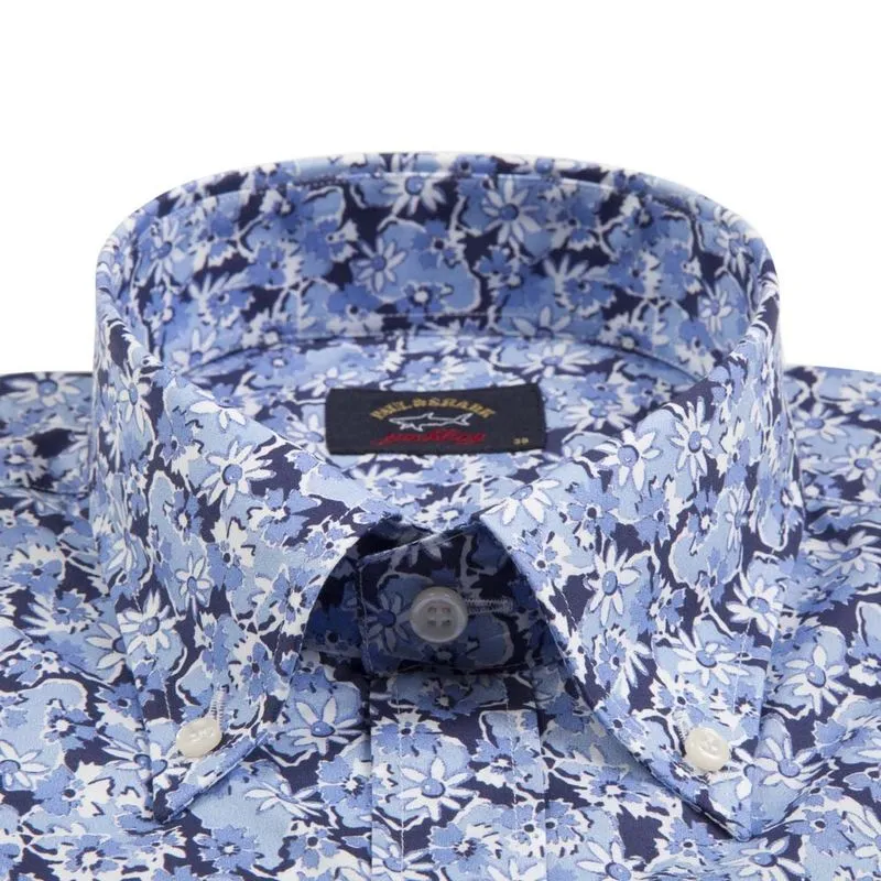 Camicia in cotone azzurra con fiori 