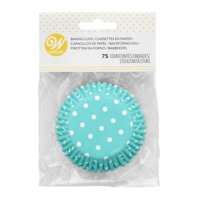Capsule per cupcake blu da 5 cm con pois bianchi - Wilton - 75 pz.