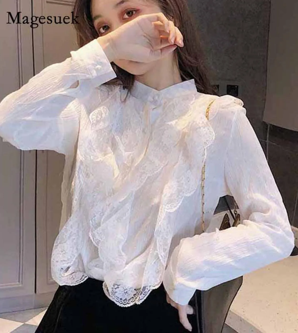 Cardigan a righe autunno chic colletto alla coreana camicetta elegante da donna con cuciture in pizzo camicia da donna in chiffo