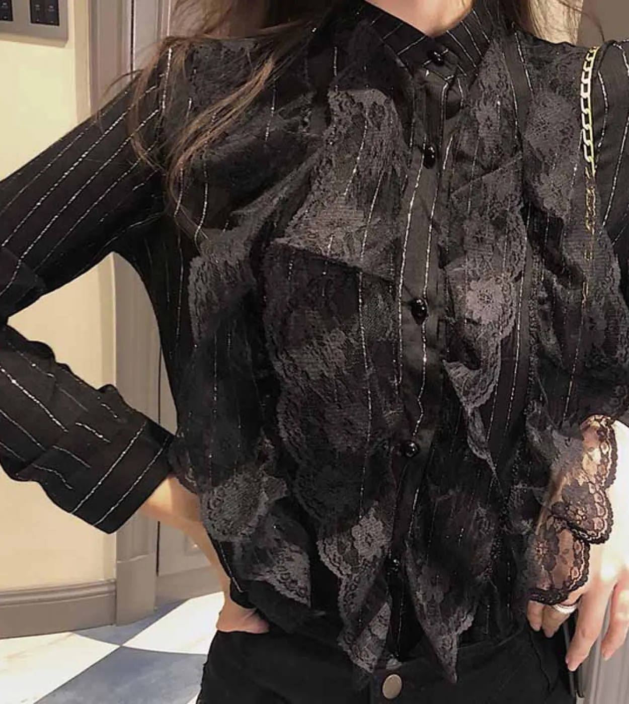 Cardigan a righe autunno chic colletto alla coreana camicetta elegante da donna con cuciture in pizzo camicia da donna in chiffo