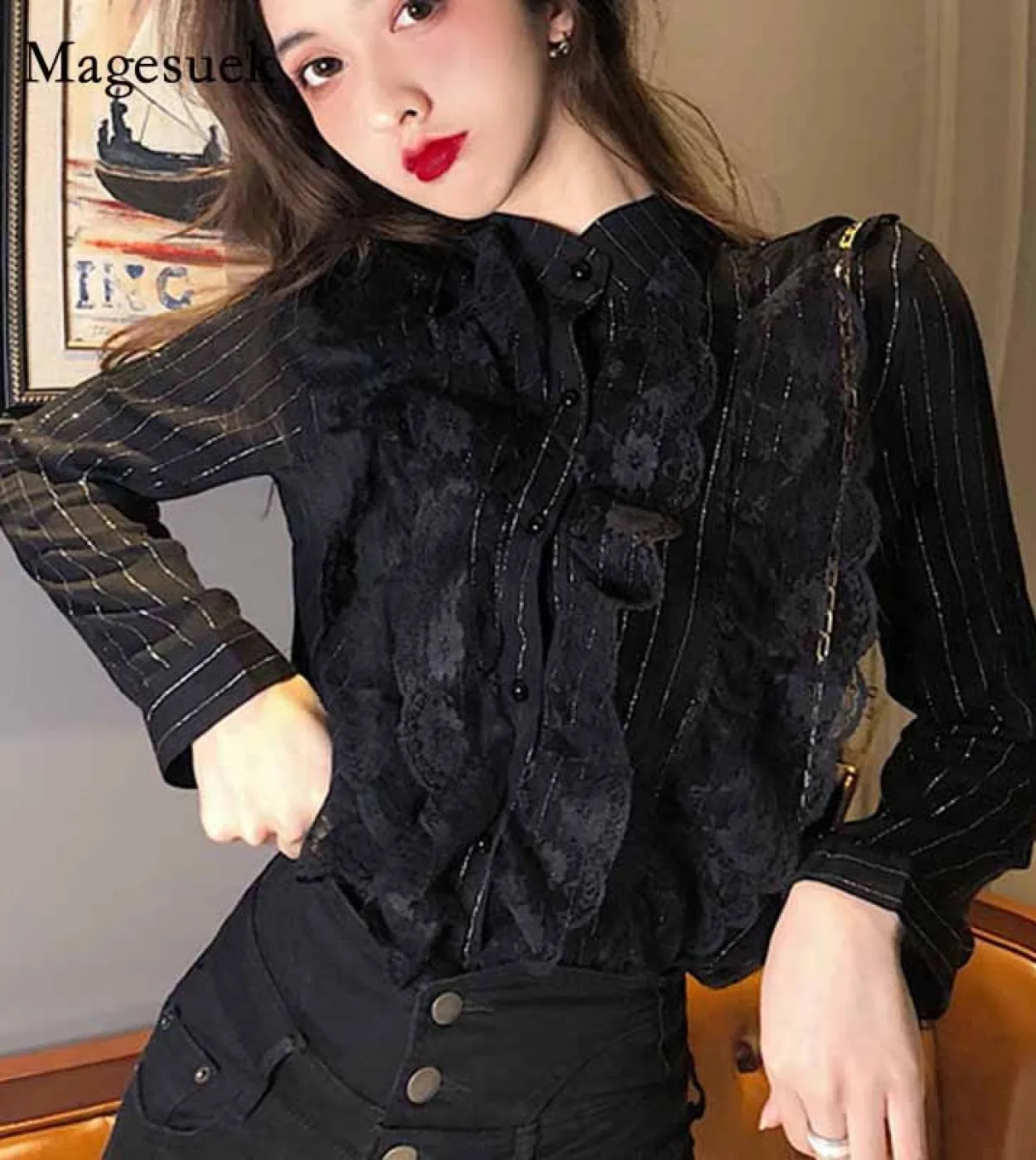 Cardigan a righe autunno chic colletto alla coreana camicetta elegante da donna con cuciture in pizzo camicia da donna in chiffo