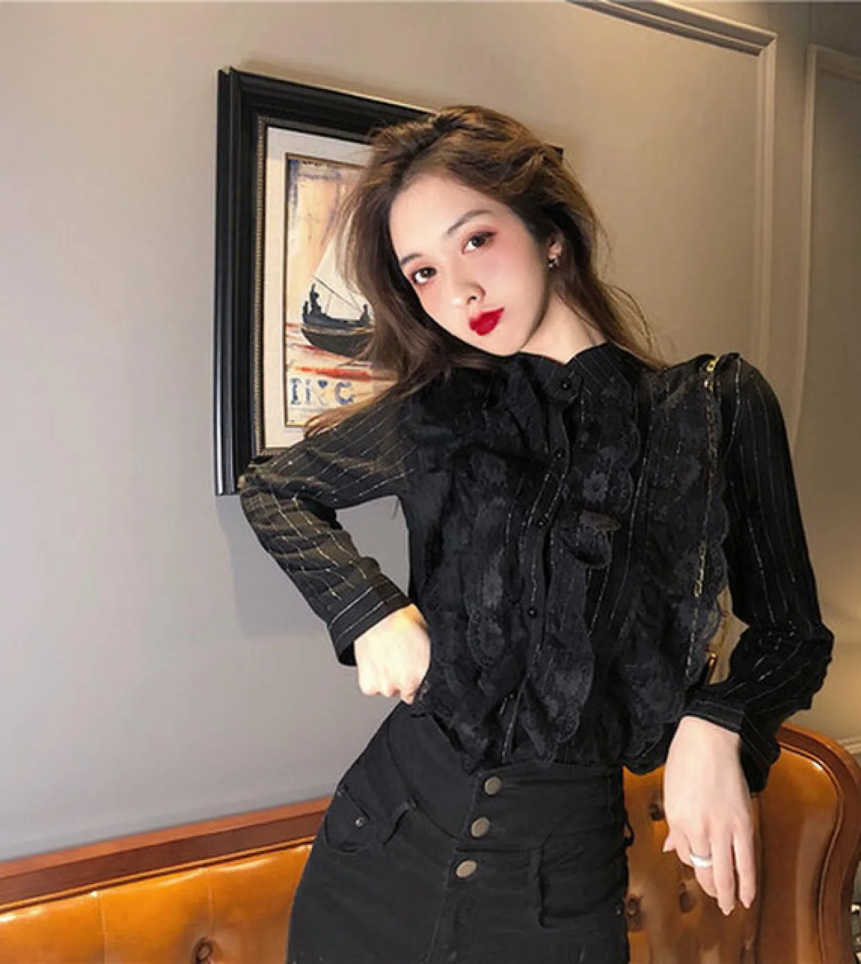 Cardigan a righe autunno chic colletto alla coreana camicetta elegante da donna con cuciture in pizzo camicia da donna in chiffo