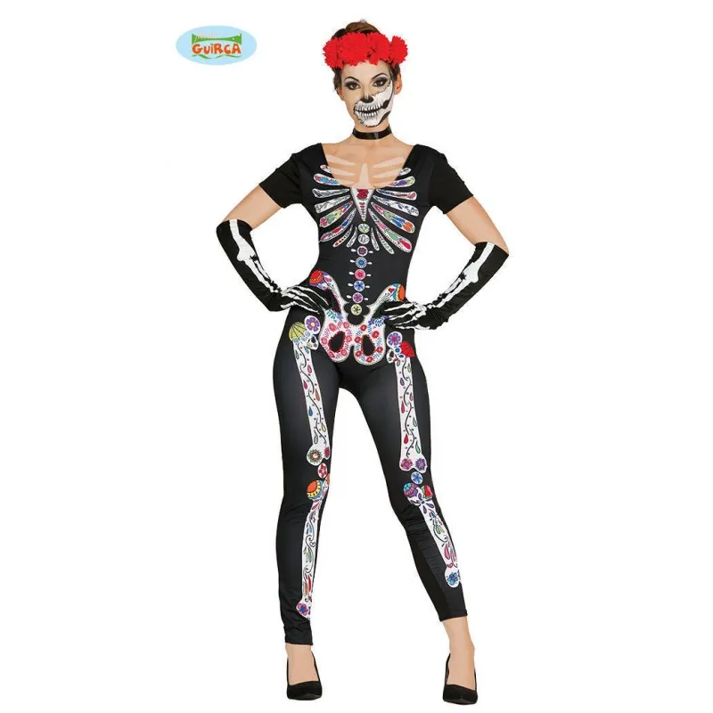 COSTUME SCHELETRO MESSICANO GIRL ADULTA TAGL.UN.GUANTI E TUTA PER TRAVESTIMENTI DI HALLOWEEN/CARNEVALE E PARTY A TEMA
