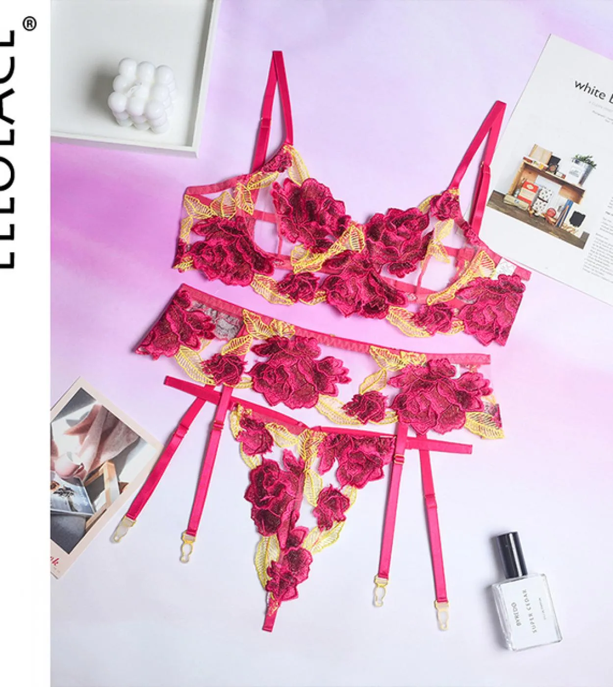 Ellolace Floral Lingerie Fancy Underwear Ricamo Slip Set Reggiseno e perizoma con ferretto trasparente in pizzo con reggicalzebr
