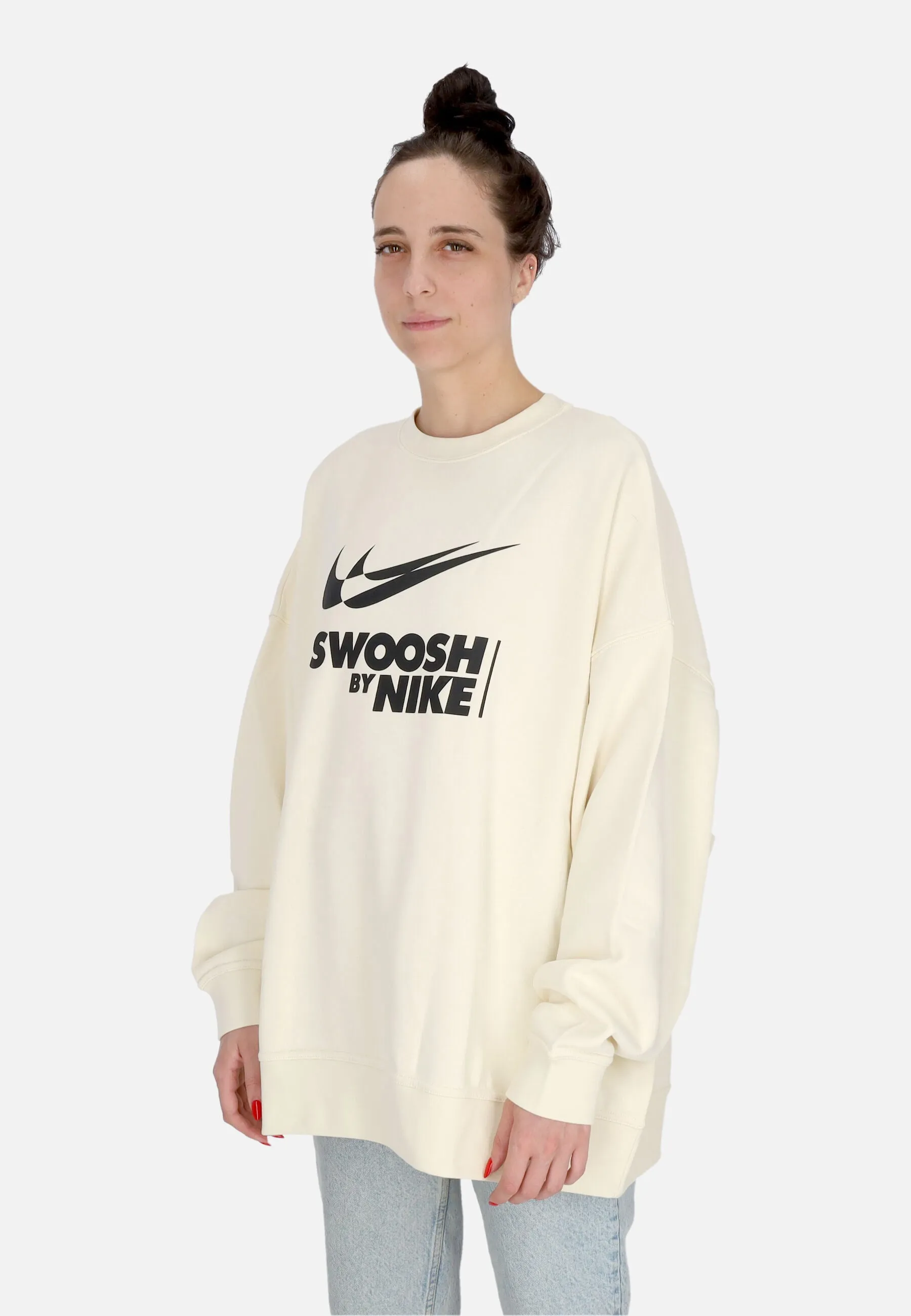 Felpa Girocollo Donna W Sportswear Swoosh Big Logo Crewneck Coconut Milk/black