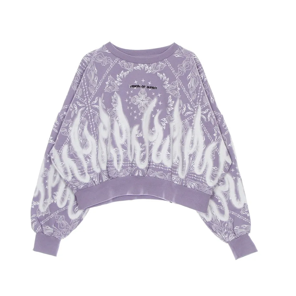 Felpa Leggera Girocollo Corta Donna Crop Hoodie Spray Flames Lilac/white