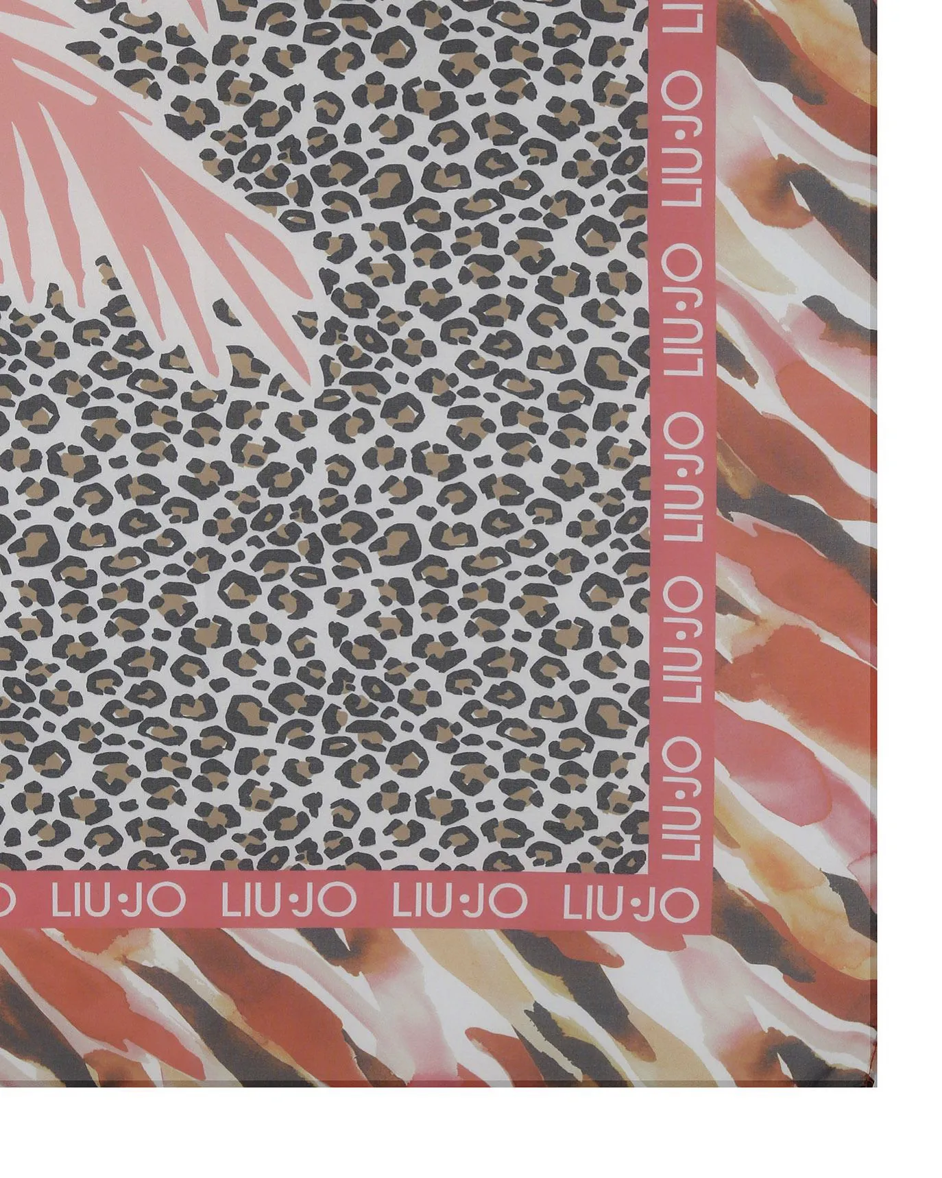 Foulard in chiffon a fantasia animalier con palme e riuquadro esterno a macchie corallo e marroni