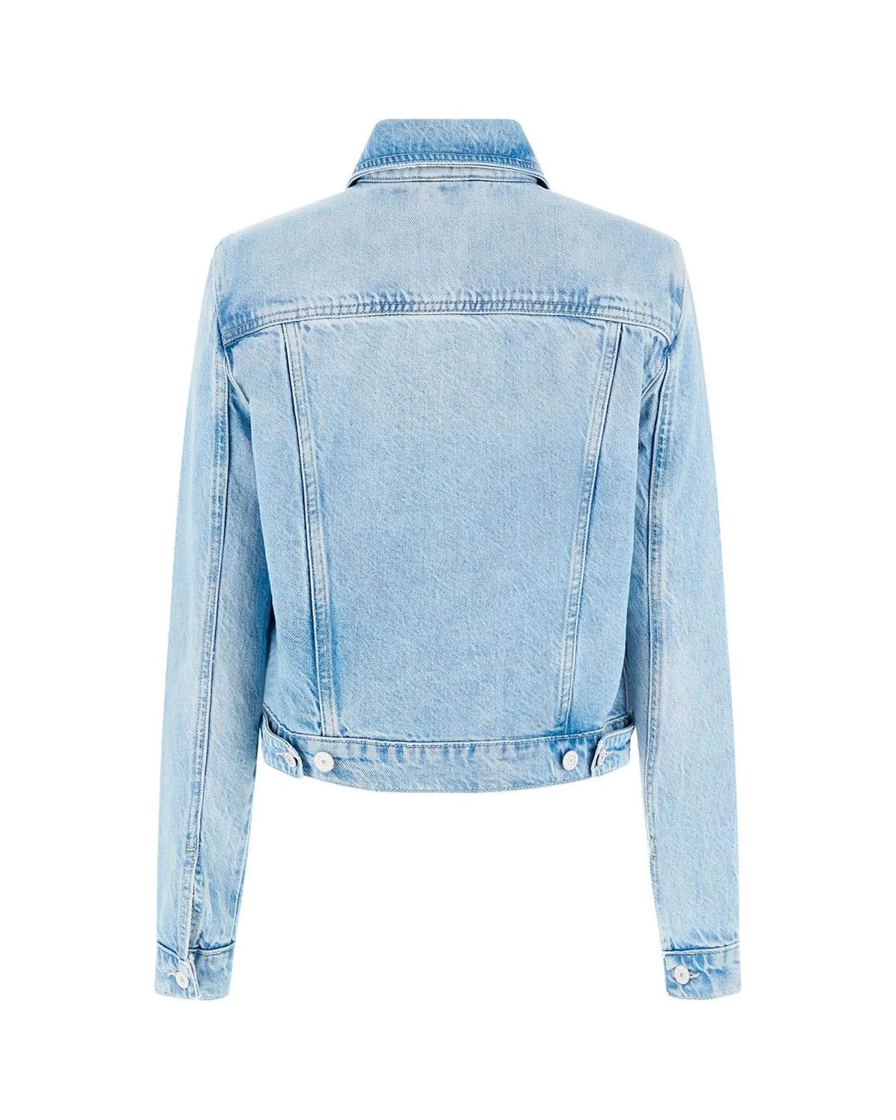 Giubbino in denim di cotone lavaggio chiaro super stone washed con tasche con patta sul petto