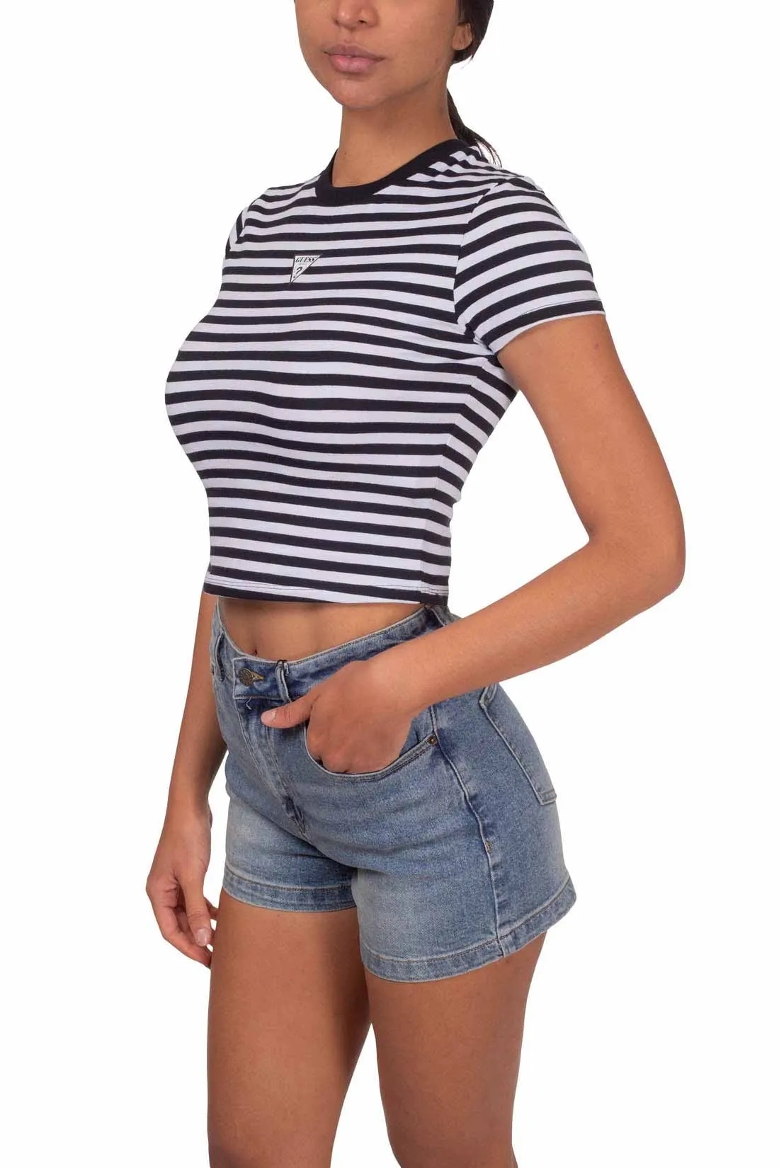 GUESS T-shirt donna crop a righe con logo