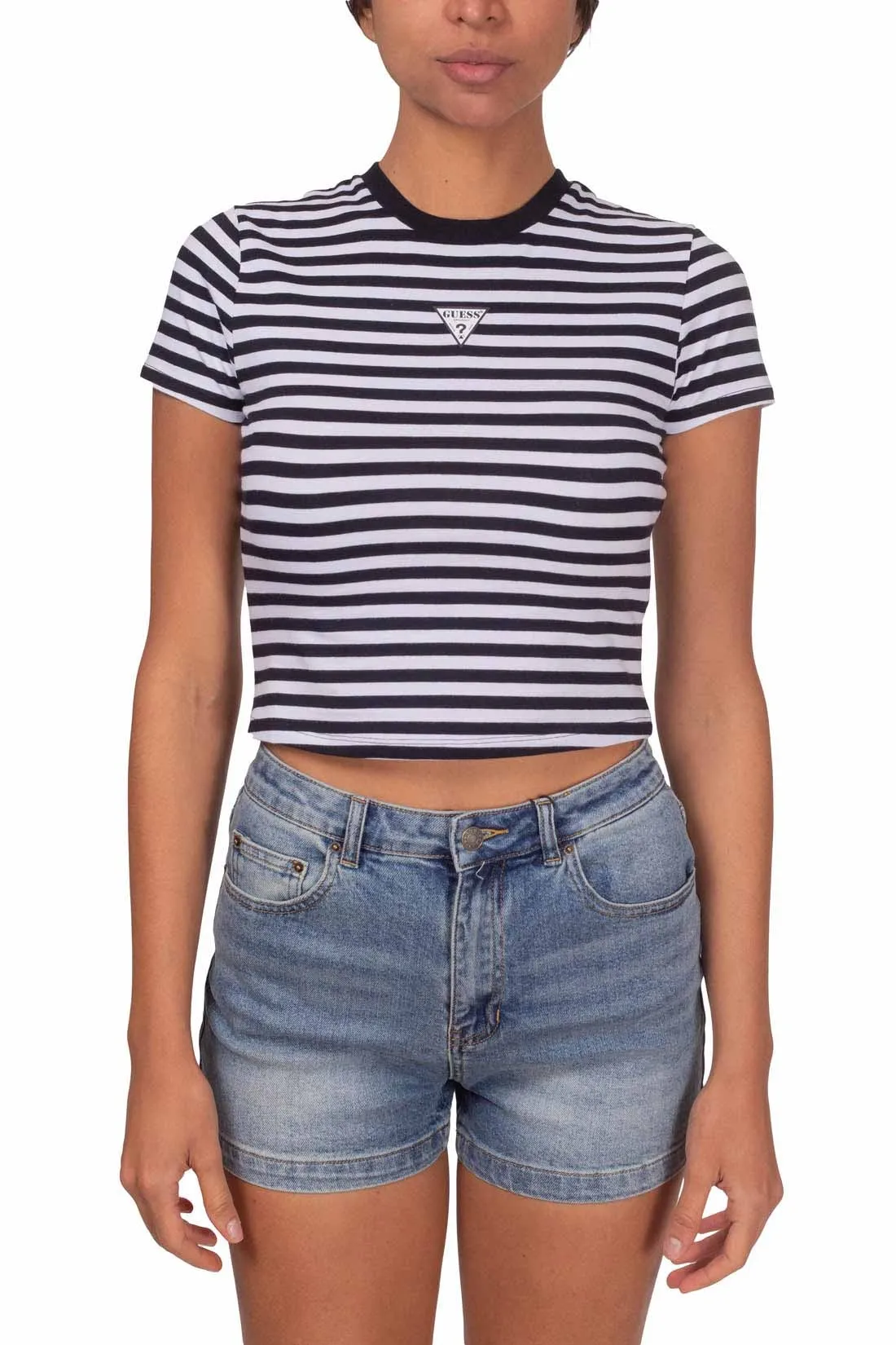 GUESS T-shirt donna crop a righe con logo