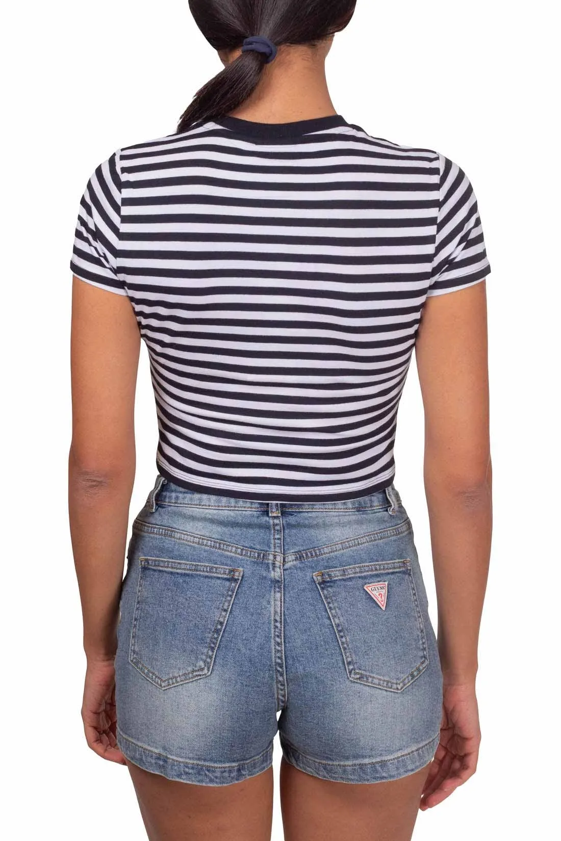 GUESS T-shirt donna crop a righe con logo