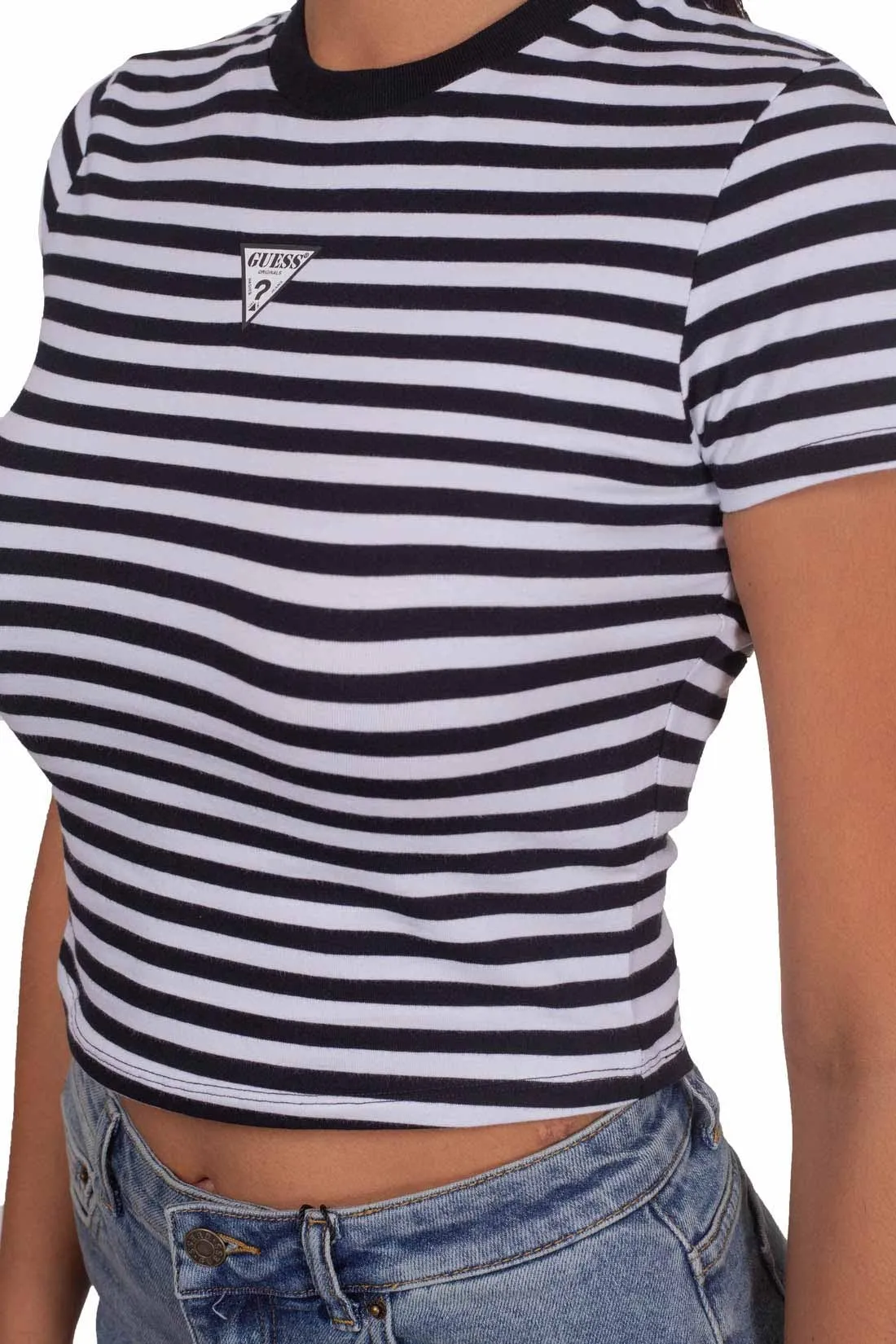 GUESS T-shirt donna crop a righe con logo