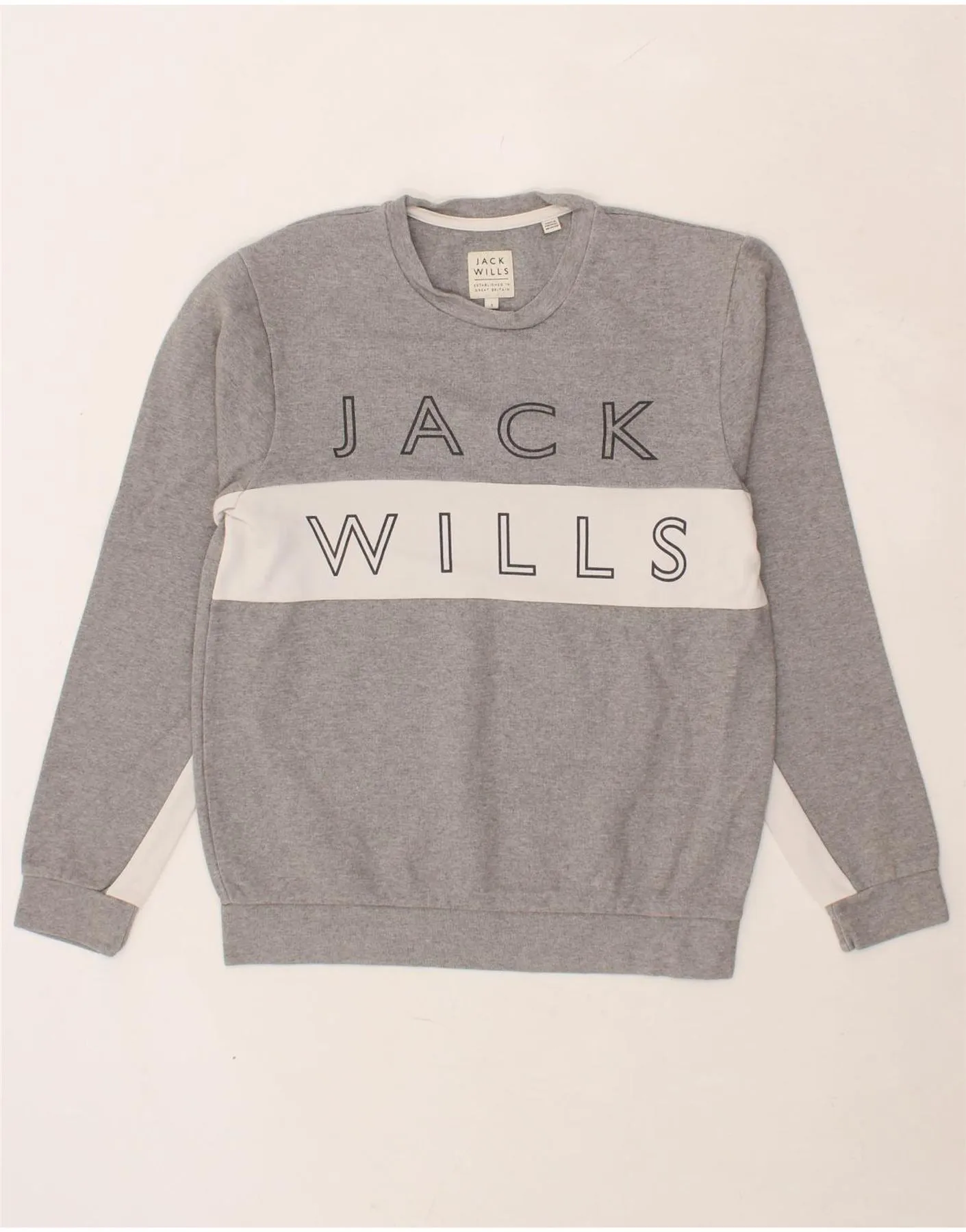 JACK WILLS Mens Graphic Sweatshirt Jumper Small Grey Colourblock Cotton