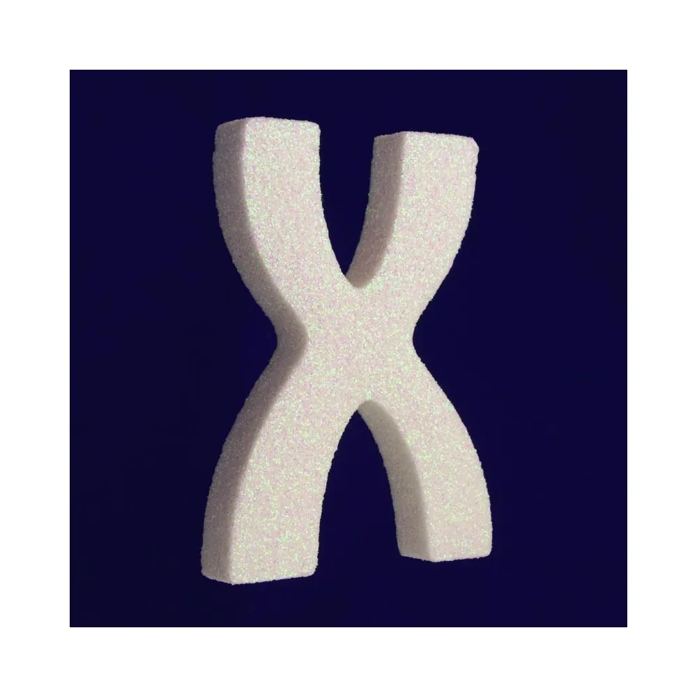 Lettera X in polistirolo per decorazione. Madreperla glitterato, 12 x 9 cm.