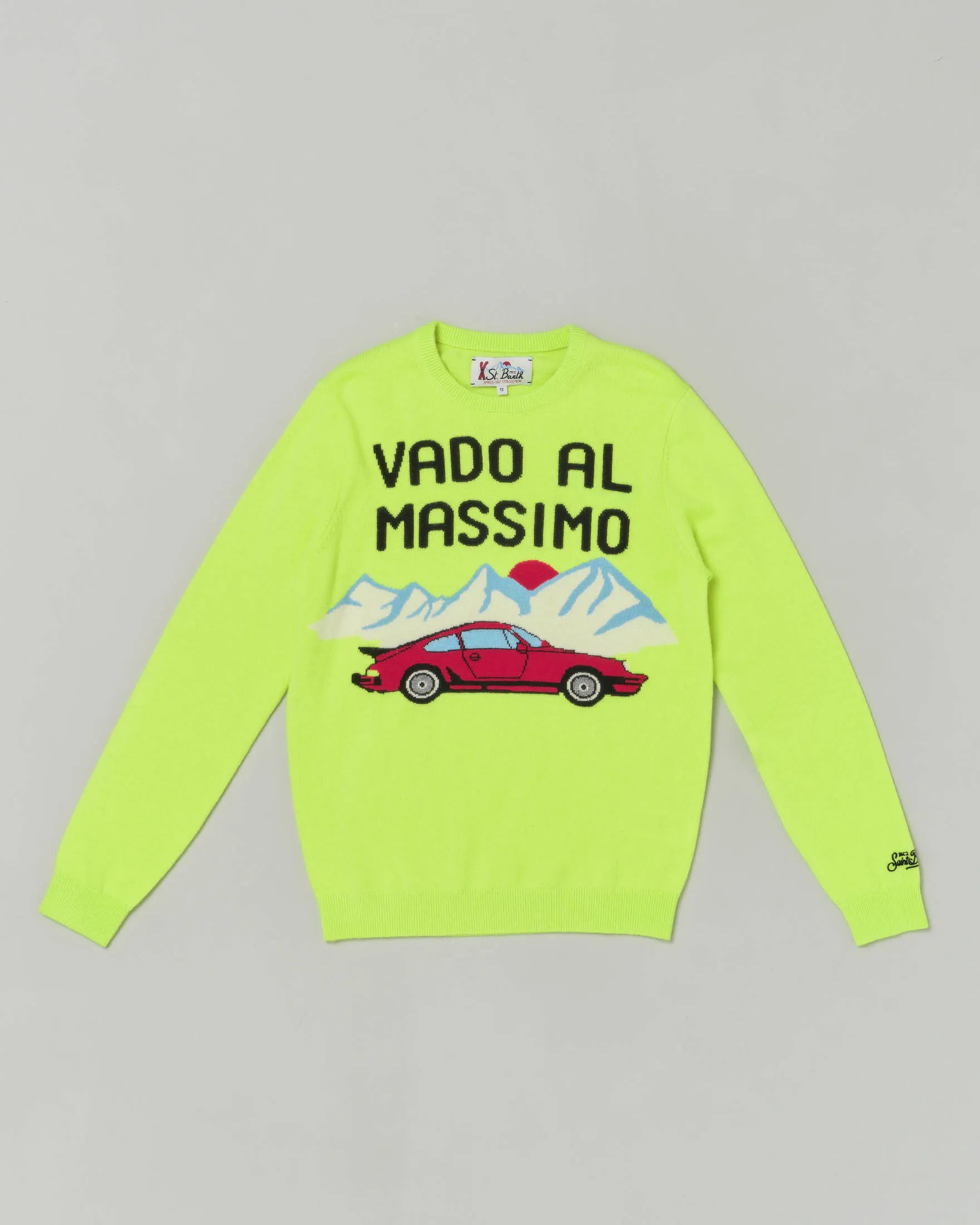 Maglia verde acido in misto lana e cachemire con stampa 'Vado al massimo' 10-16 anni
