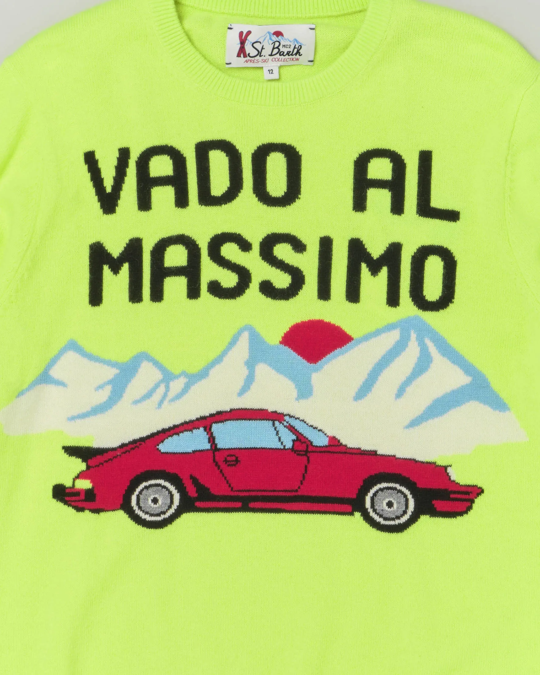 Maglia verde acido in misto lana e cachemire con stampa 'Vado al massimo' 10-16 anni