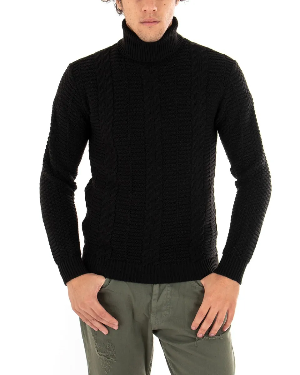 Maglioncino Uomo Collo Alto Maglia Inglese Basic Con Trecce Nero Dolcevita GIOSAL-M2414A