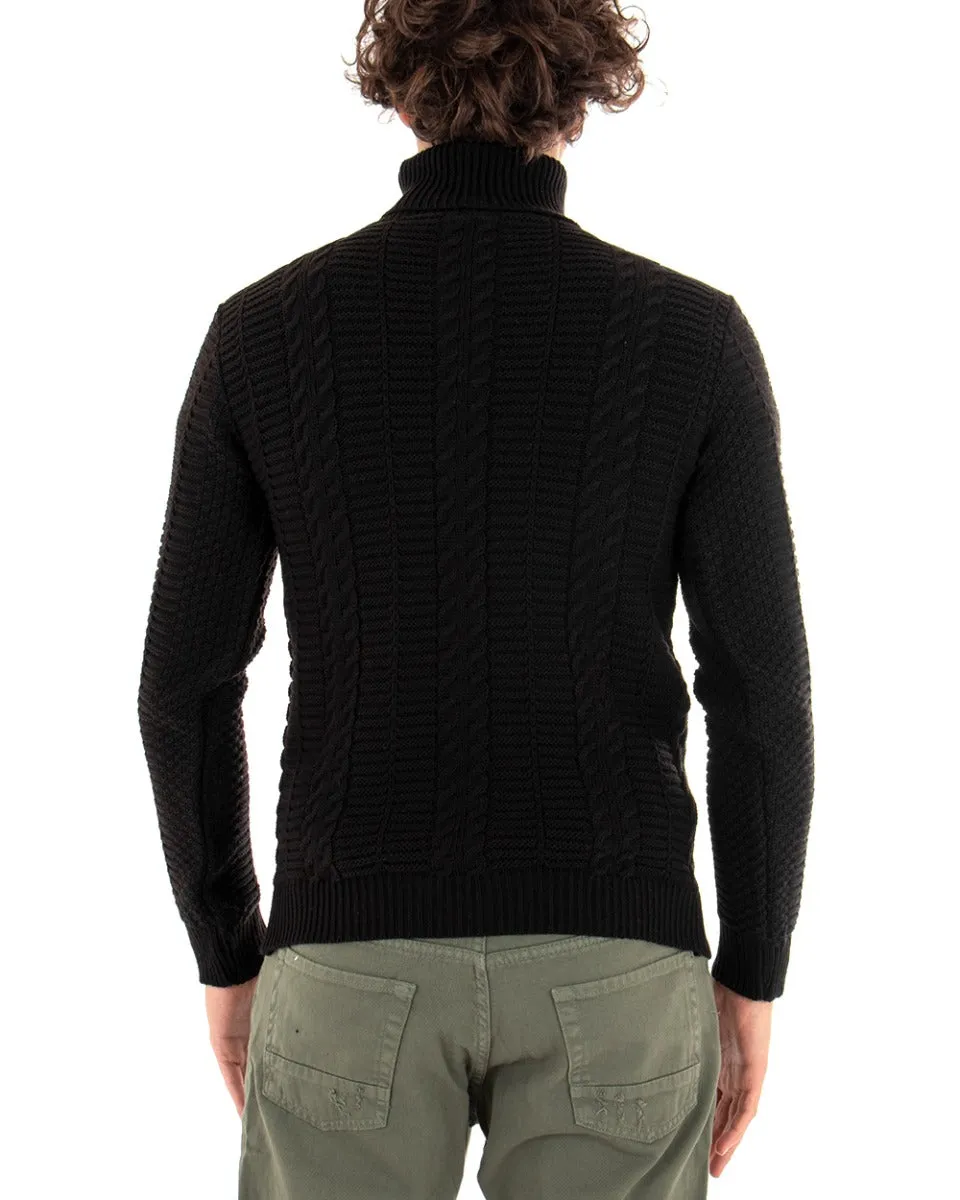 Maglioncino Uomo Collo Alto Maglia Inglese Basic Con Trecce Nero Dolcevita GIOSAL-M2414A