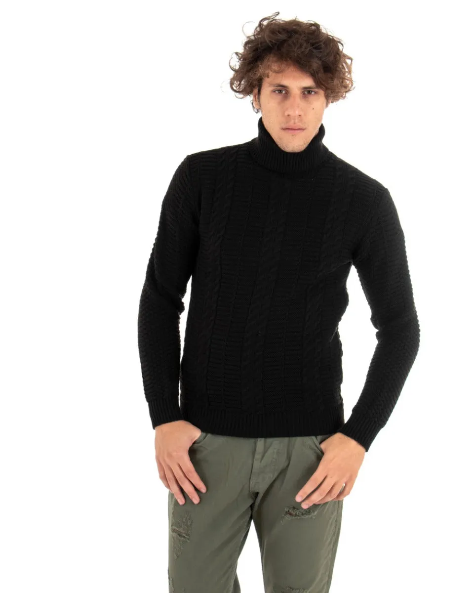 Maglioncino Uomo Collo Alto Maglia Inglese Basic Con Trecce Nero Dolcevita GIOSAL-M2414A