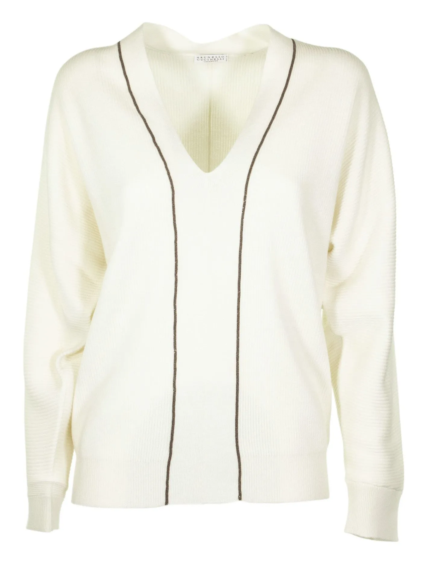 Maglione bianco con scollo a V Maglione in cashmere con monili