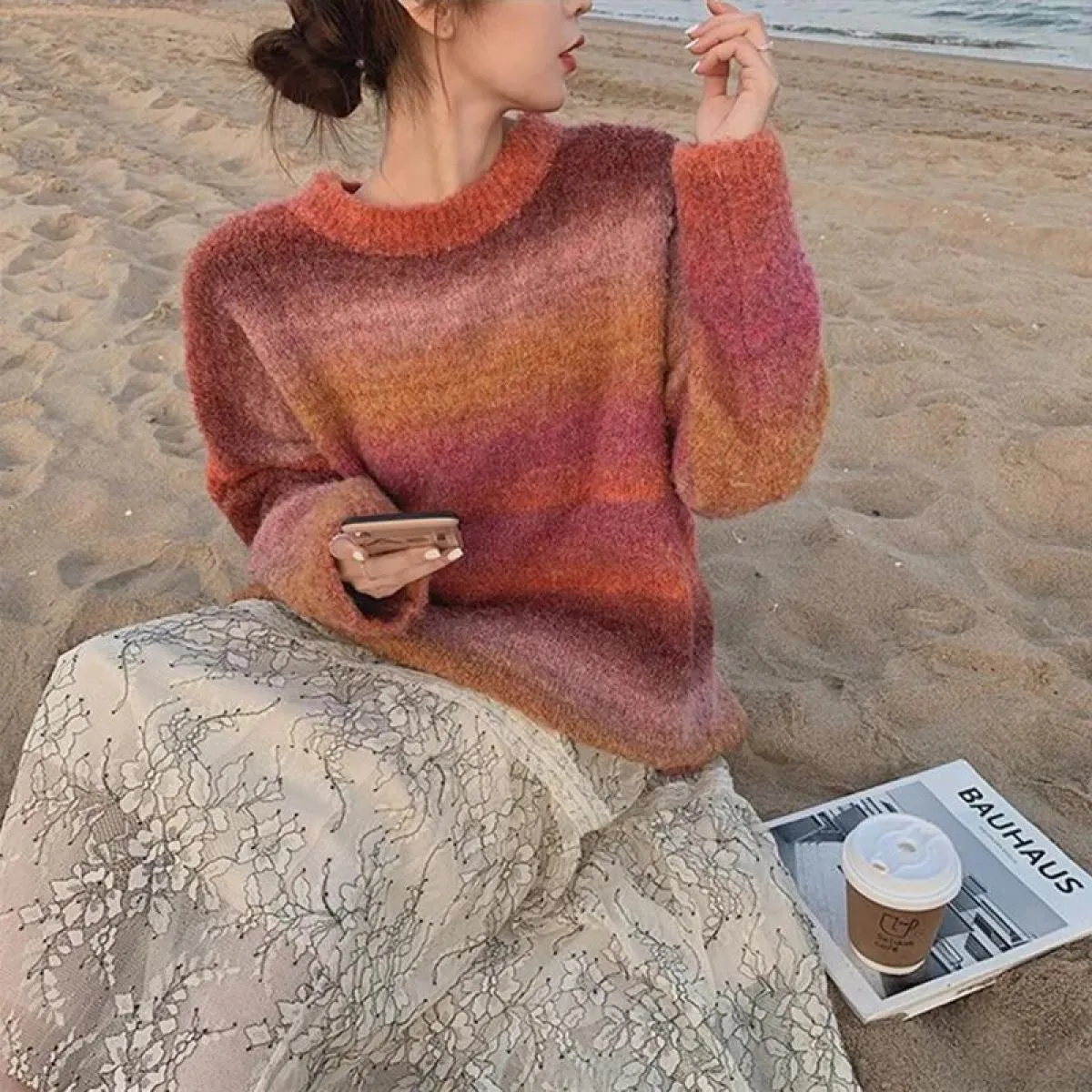 Maglione Donna Autunno Inverno 2023 Moda Pullover a maniche lunghe Chic Colorblock girocollo maglione allentato maglione  Top