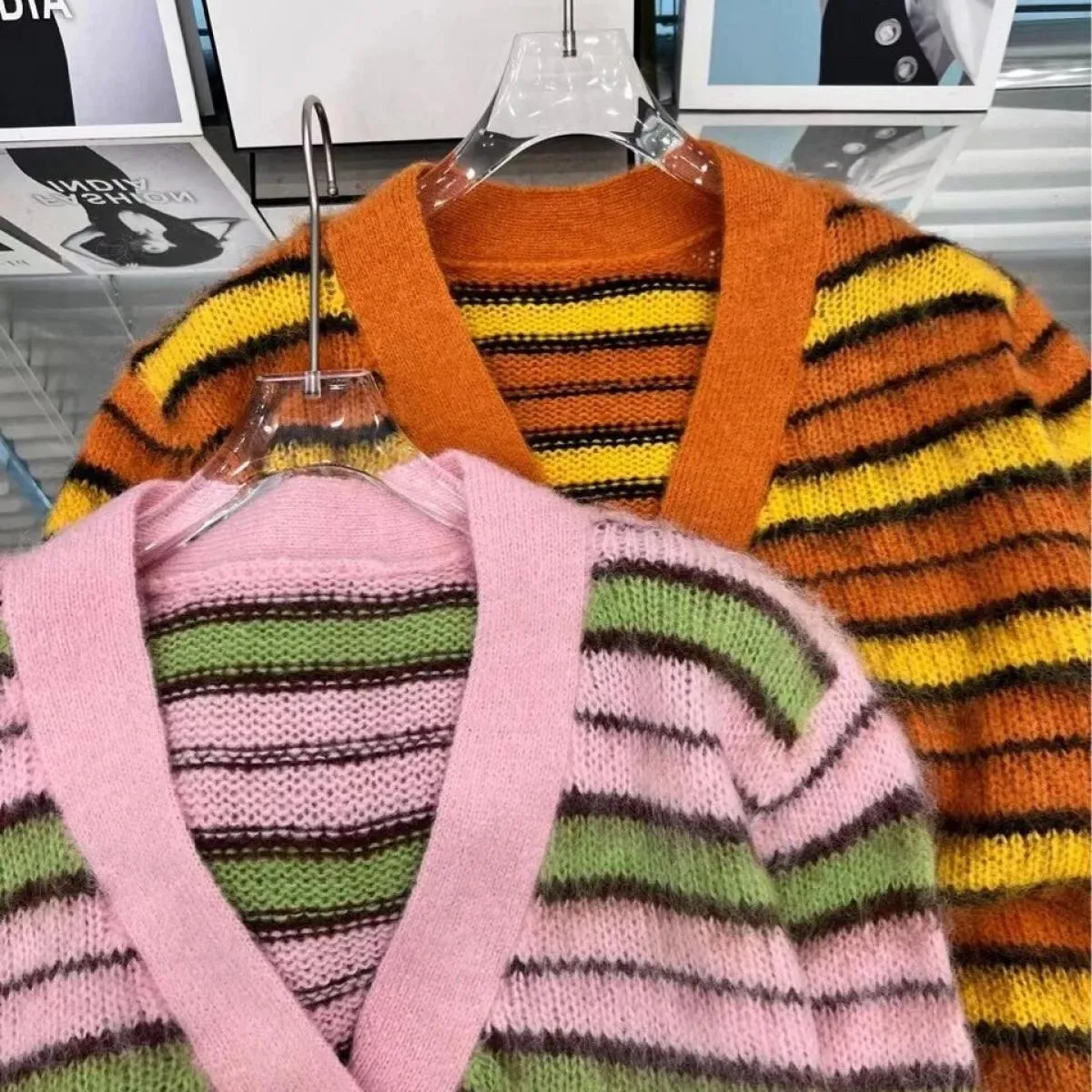 Maglione in mohair a righe Cappotto cardigan da donna Maglione maglione a maniche lunghe con scollo a V ampio