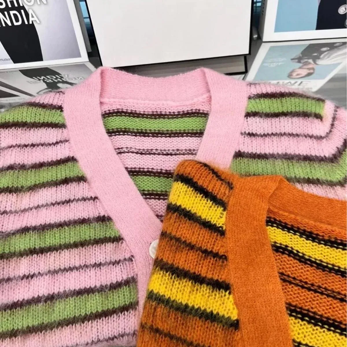 Maglione in mohair a righe Cappotto cardigan da donna Maglione maglione a maniche lunghe con scollo a V ampio