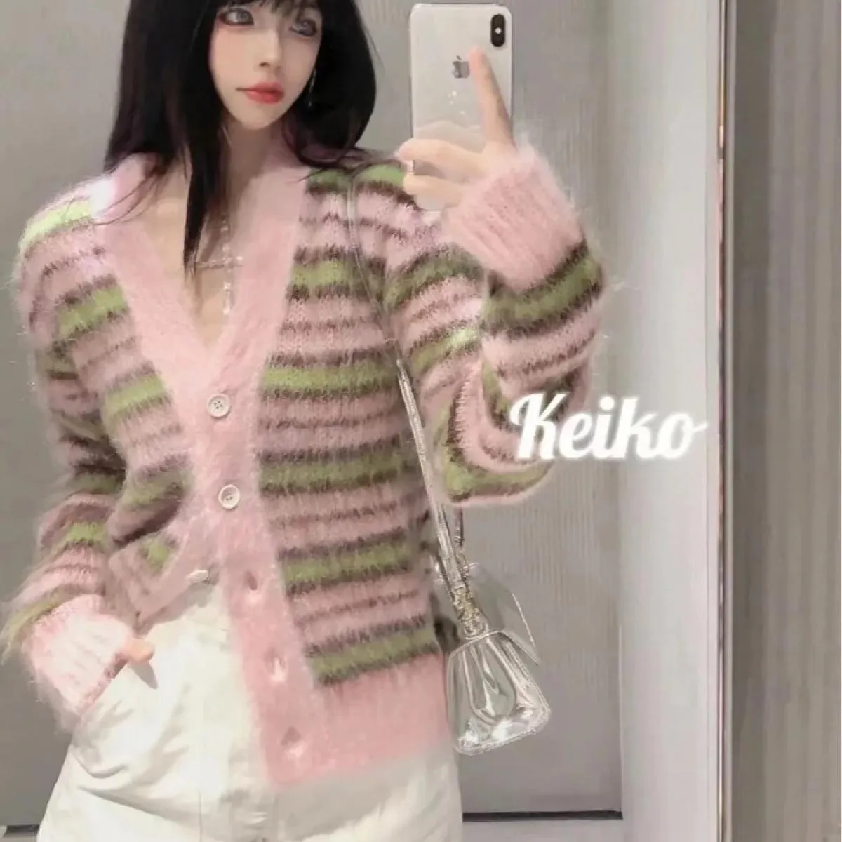 Maglione in mohair a righe Cappotto cardigan da donna Maglione maglione a maniche lunghe con scollo a V ampio