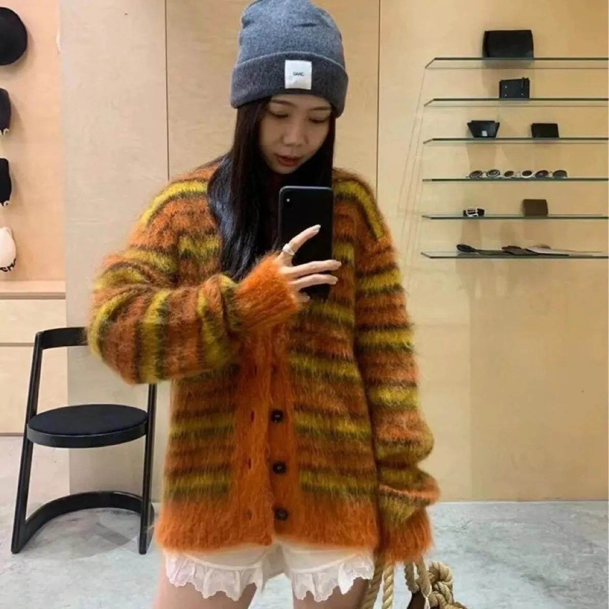 Maglione in mohair a righe Cappotto cardigan da donna Maglione maglione a maniche lunghe con scollo a V ampio