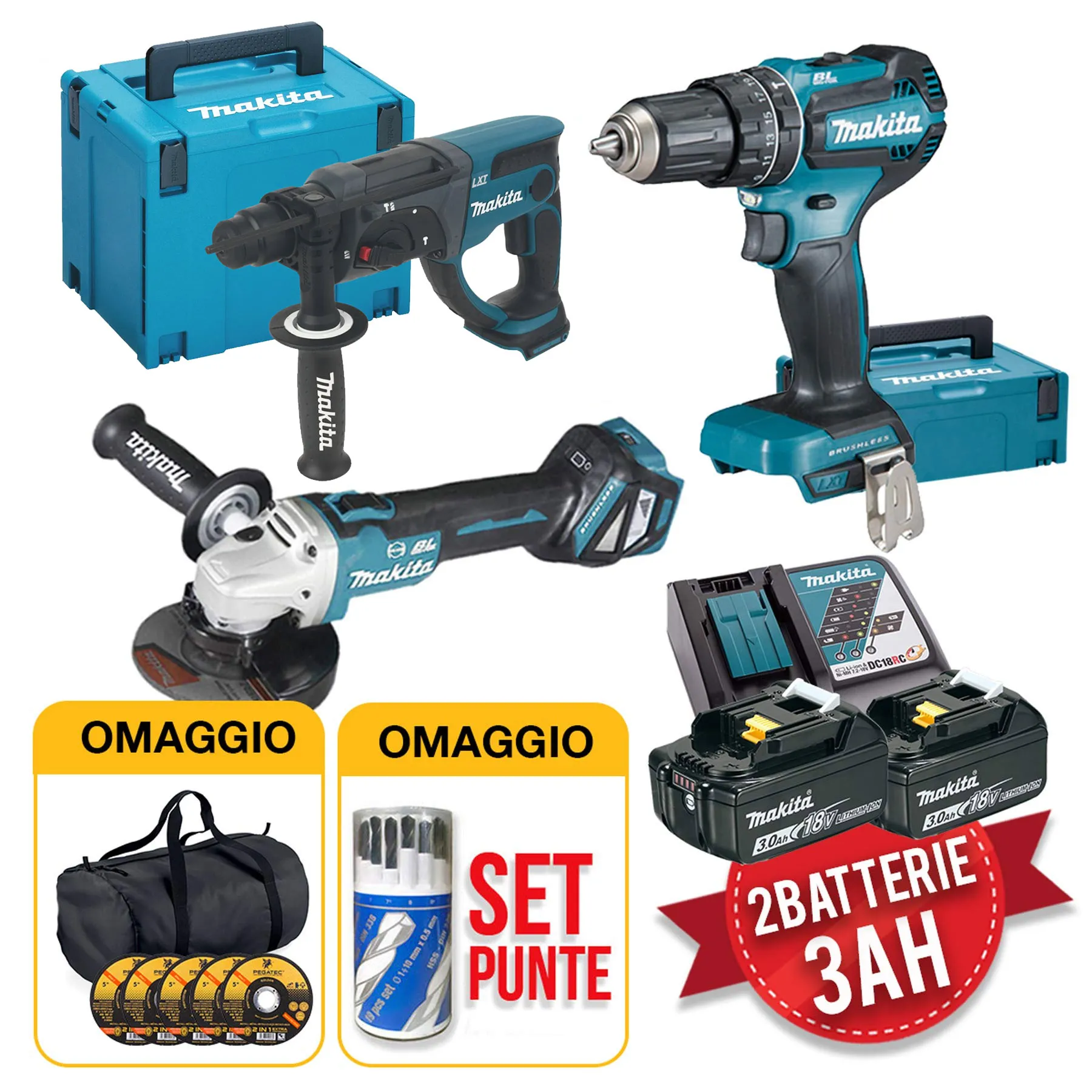 Makita kit utensili 18V - Trapano, Smerigliatrice, Tassellatore, 2 batterie 3Ah valigetta e borsone