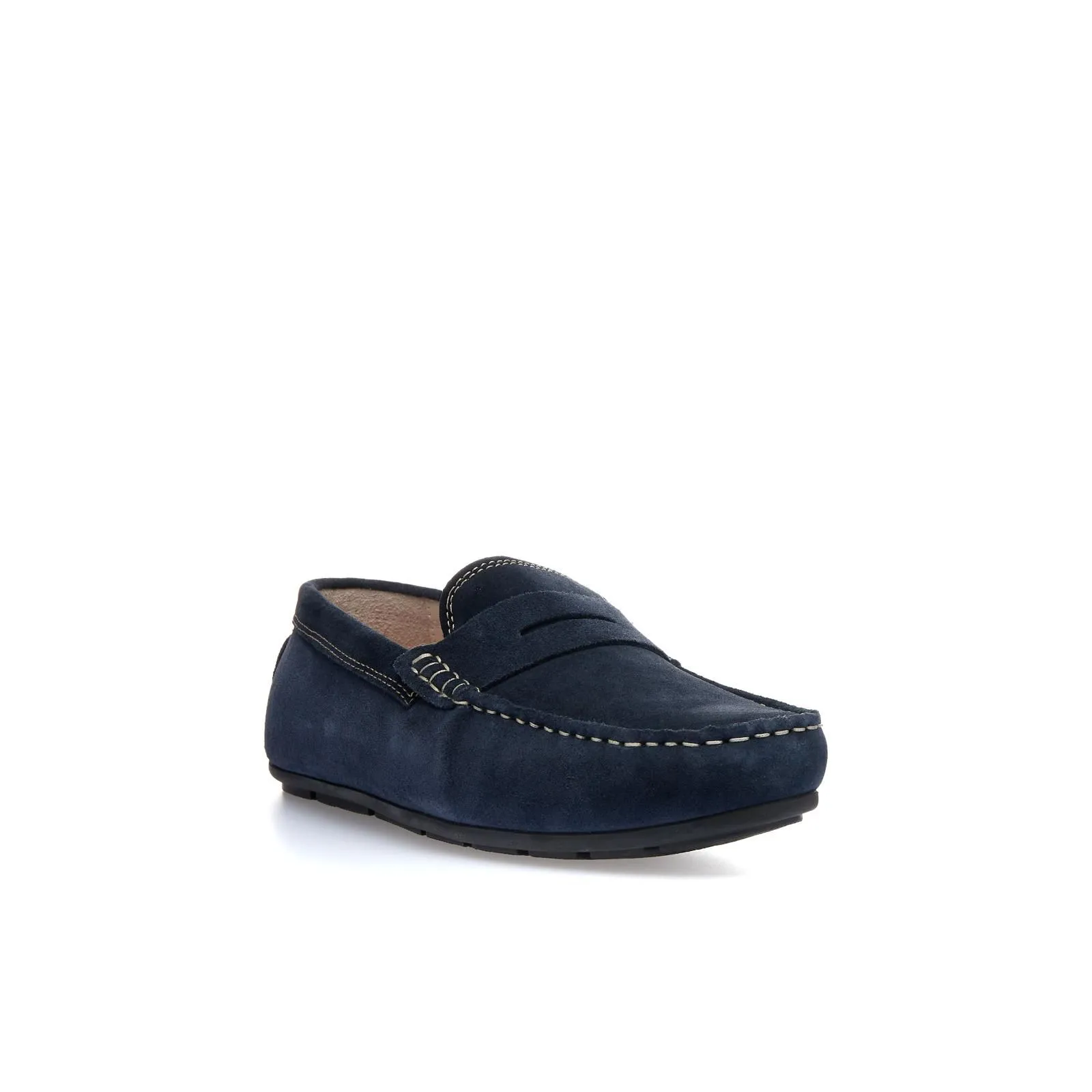 Mocassini blu in suede con cuciture
