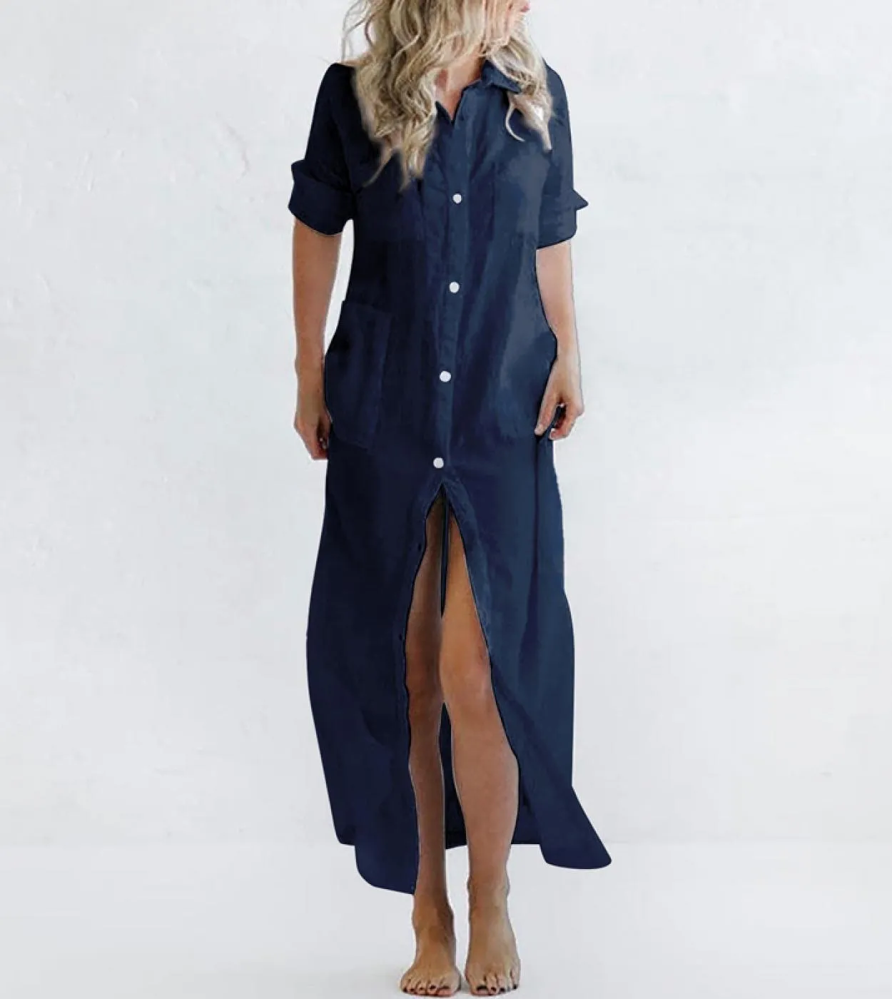 Moda colletto rovesciato solido abito camicia da donna casual manica lunga tasca abito lungo elegante bottone spacco laterale sc