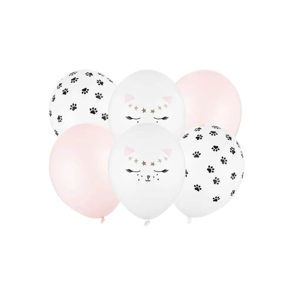 Palloncini Lattice Ecologici Bianco, Rosa - Stampa - Cat gatto PartyCf da 6 pezzi